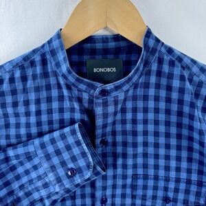 Bonobos Slim Fit Cotton Blue Gingham Mandarin Band Collar Shirt Mens Small Short